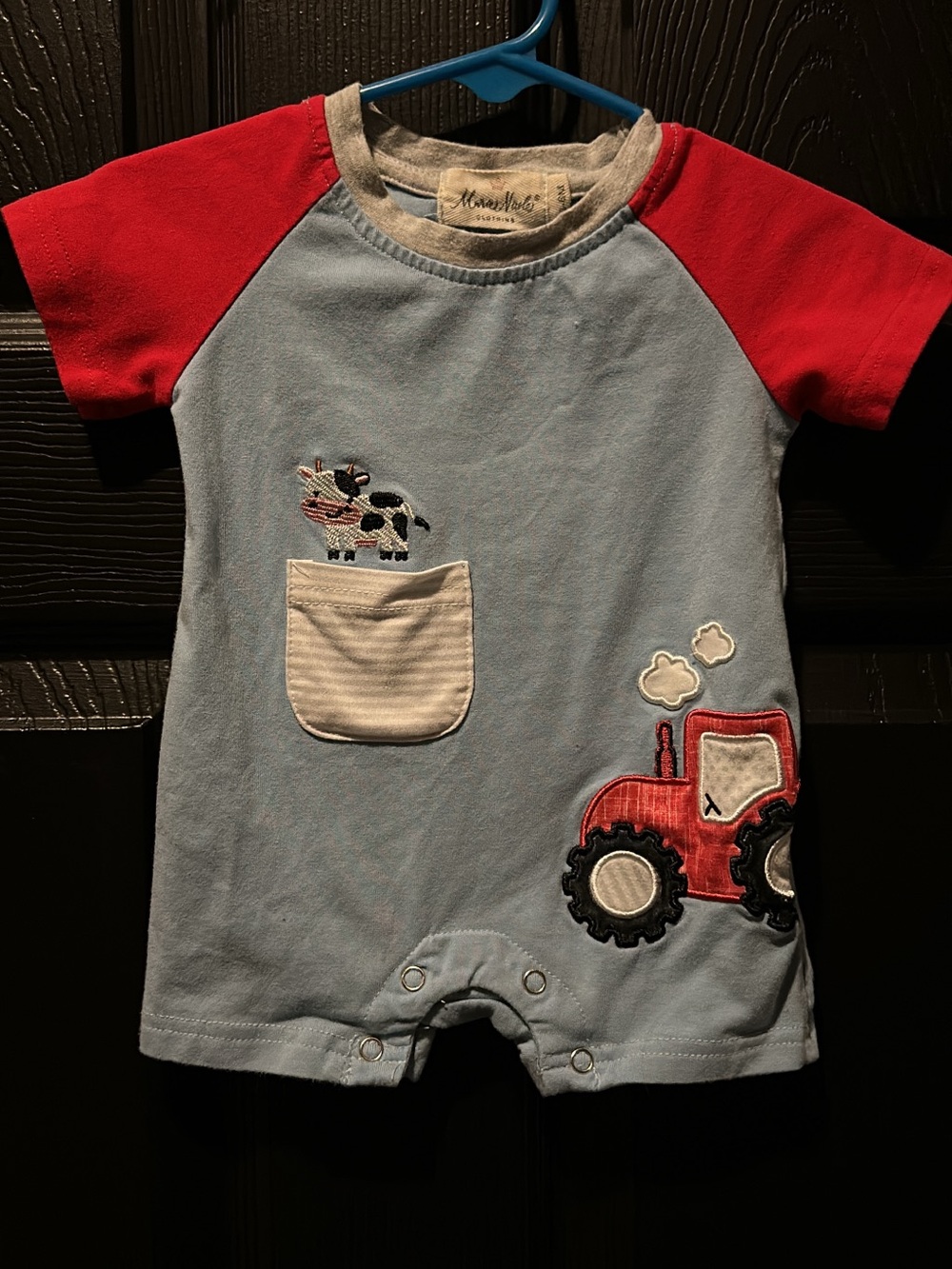 Blue & Red Baby Romper with Tractor Applique